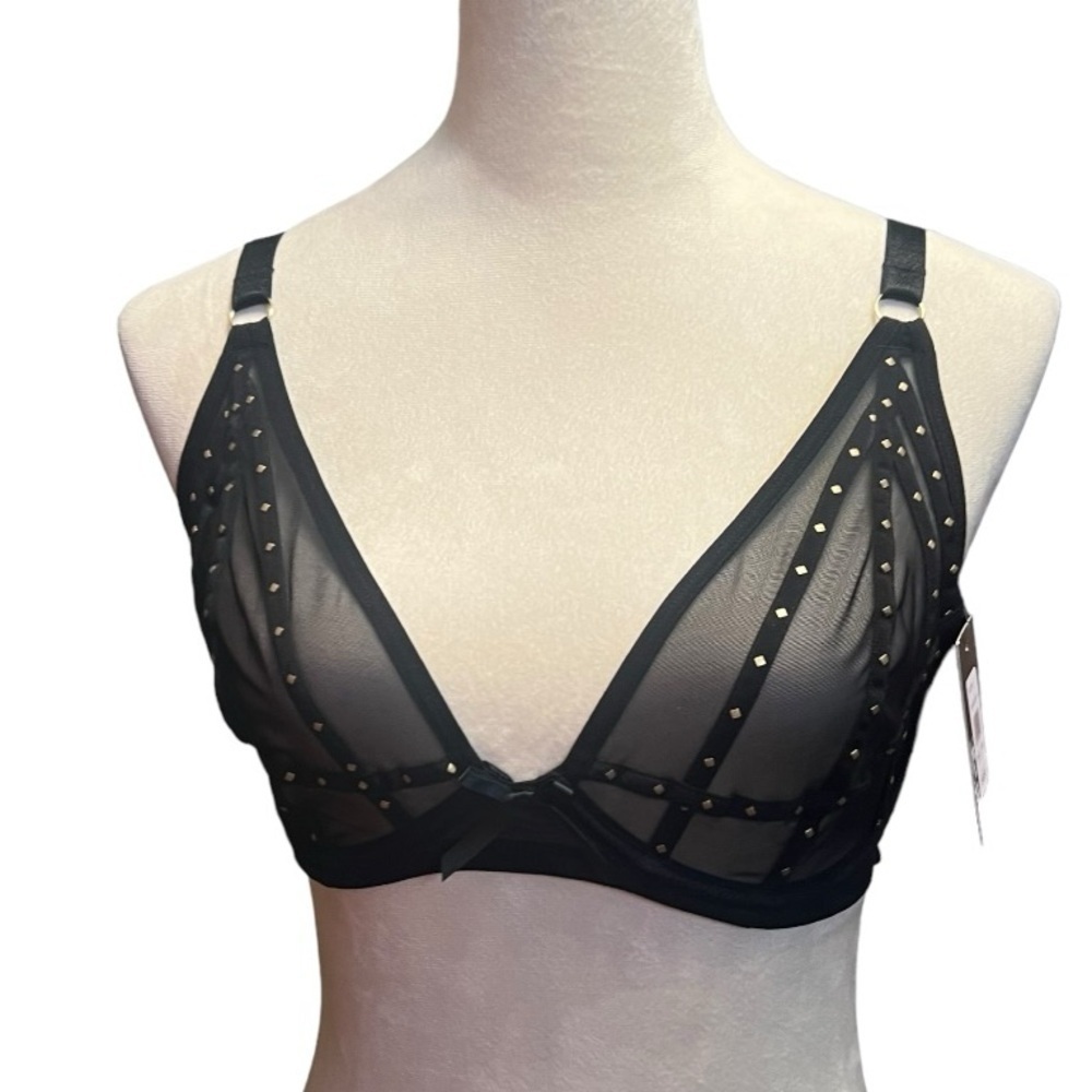 Frederick’s of Hollywood black mesh with gold studs rozlyn bra size 32DD NWT - Picture 4 of 8